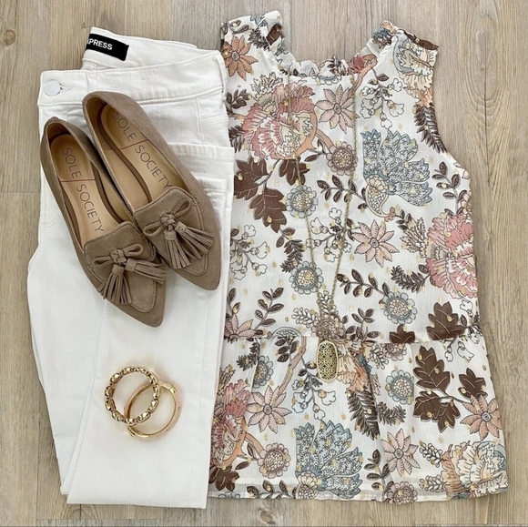 LOFT Petite White Gold Shimmer Floral Tie Back Peplum Shell, PM Medium - Picture 4 of 4